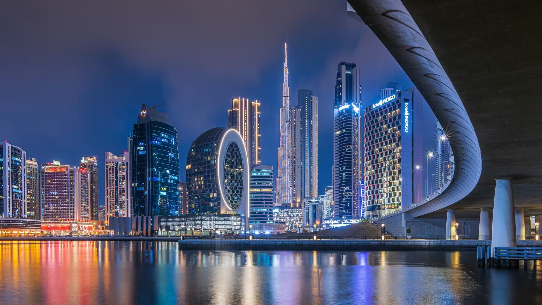 Dubai skyline from the water at dusk