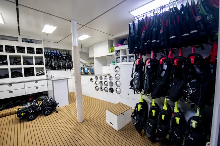 ARCTIC's dive centre, scuba tanks and BCDs racked and ready