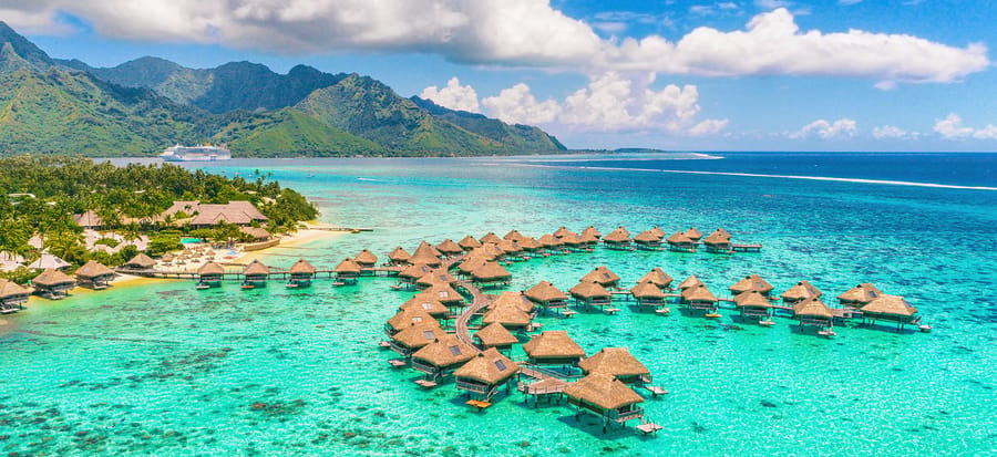 Overwater view of a Tahitian lagoon